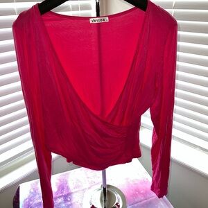 Bright pink faux wrap front long sleeve crop top XL used once